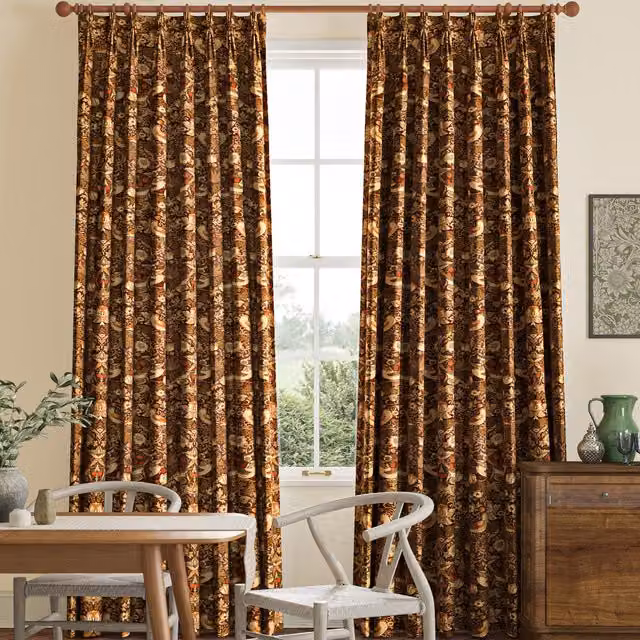 William Morris At Home Strawberry Thief Made to Measure Velvet Fabric Panel in Sand and Brown Floral Design
