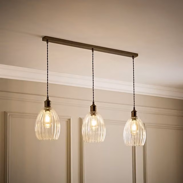 ValueLights Cheltenham 3 Drop Bar Ceiling Light with Ribbed Glass Dome Shades in Brass, W: 80 cm