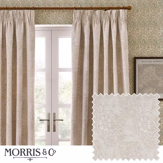 Morris & Co. Marigold Jacquard Floral Pencil Pleat Curtains, Beige, Width: 229 cm, Drop: 137 cm