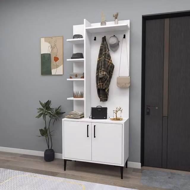 Destina Home Modern Hallway Coat Rack with Bench and Cabinet, White, H x W x D: 182.8 x 74.4 x 35.0 cm – 1
