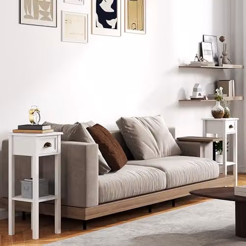 HOMCOM Set of 2 Narrow Bedside Tables with Drawer, White, W/D/H: 30 x 30 x 75 cm – 3