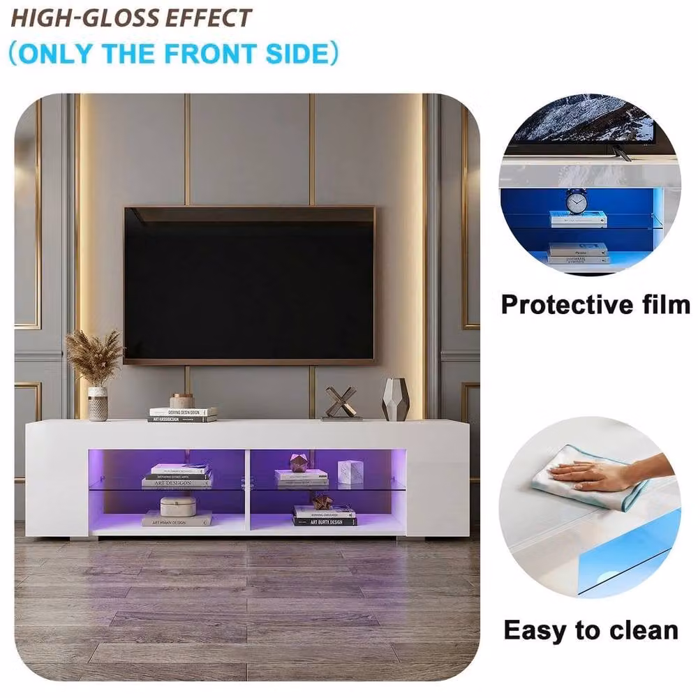 KORVIXA Modern High Gloss LED TV Stand Storage Cabinet in White – 2