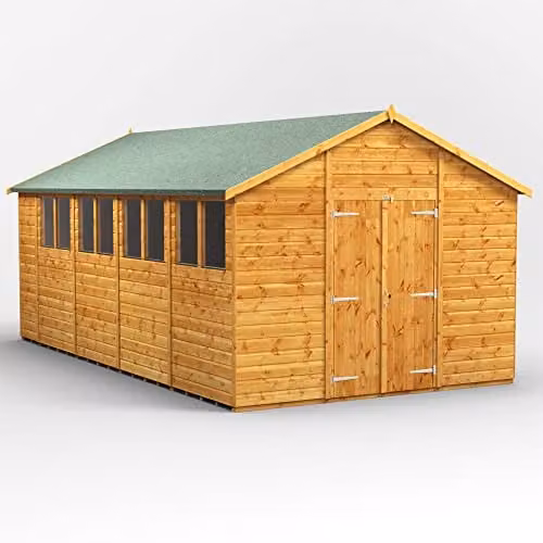 Powersheds Premium Apex Wooden Garden Shed in Natural Brown with Double Doors and Toughened Glass Windows