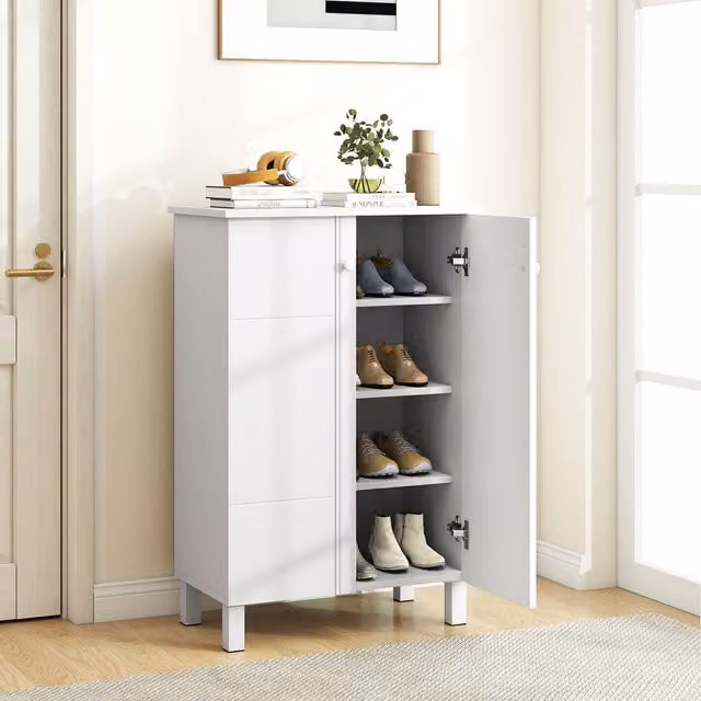 COSTWAY Freestanding 4-Tier Shoe Organizer with Hinged Doors and Internal Shelves, White