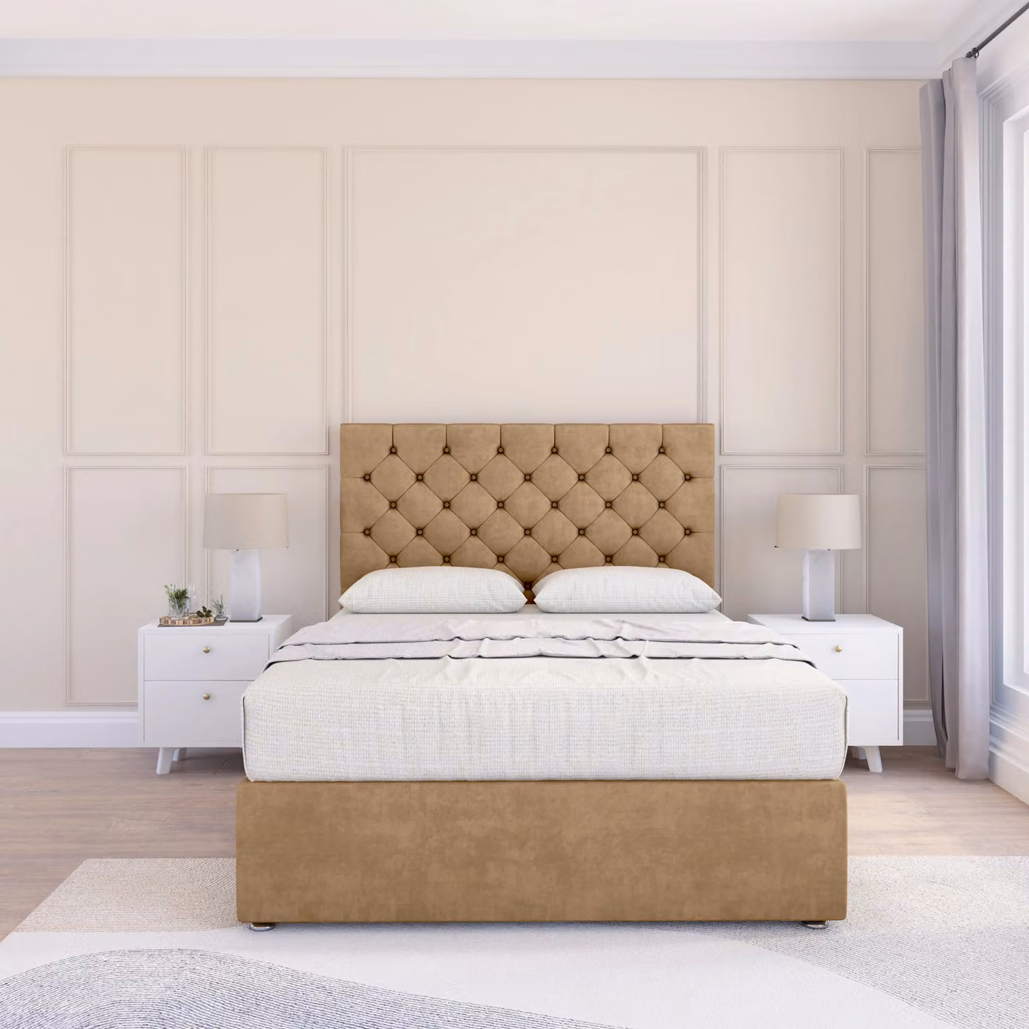 Sloomy Mayfair King Size Divan Bed Base and Floor Standing Chesterfield Headboard in Brown Velvet, W/D/H: 180 x 200 cm