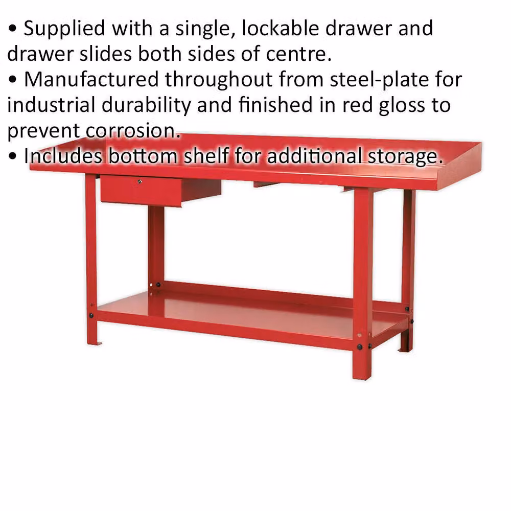 Loops Steel Workbench with Lockable Drawer and Bottom Shelf Storage in Red and Multicolour, W: 200 cm, D: 65 cm – 2