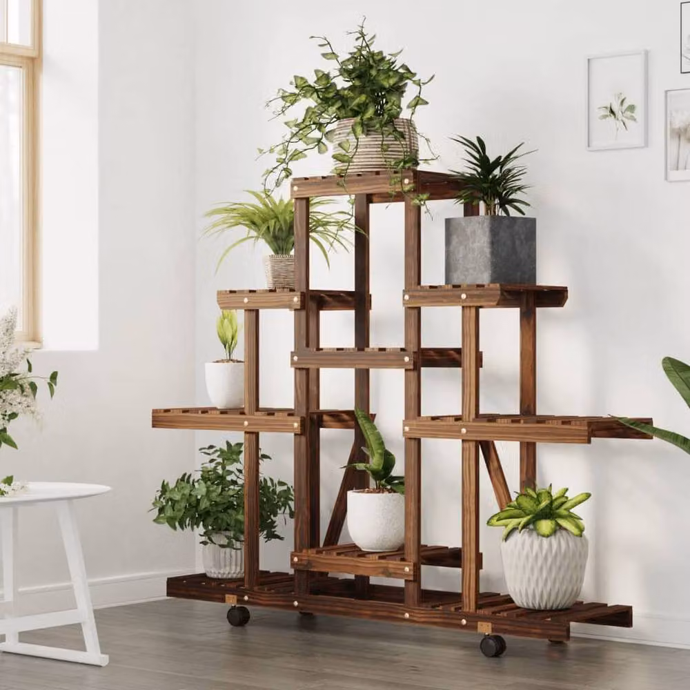 Berkfield Home Retro Flower Stand with Wheels in Brown Solid Wood, W/D/H: 110 x 25 x 101 cm – 3