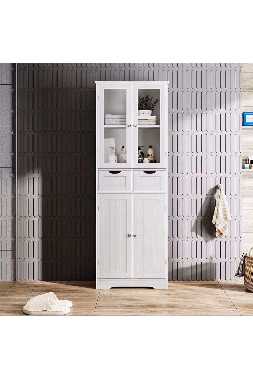Living and Home Modern Tall Freestanding Cabinet with Glass Doors and Internal Shelves and Drawers in White Matt – 2