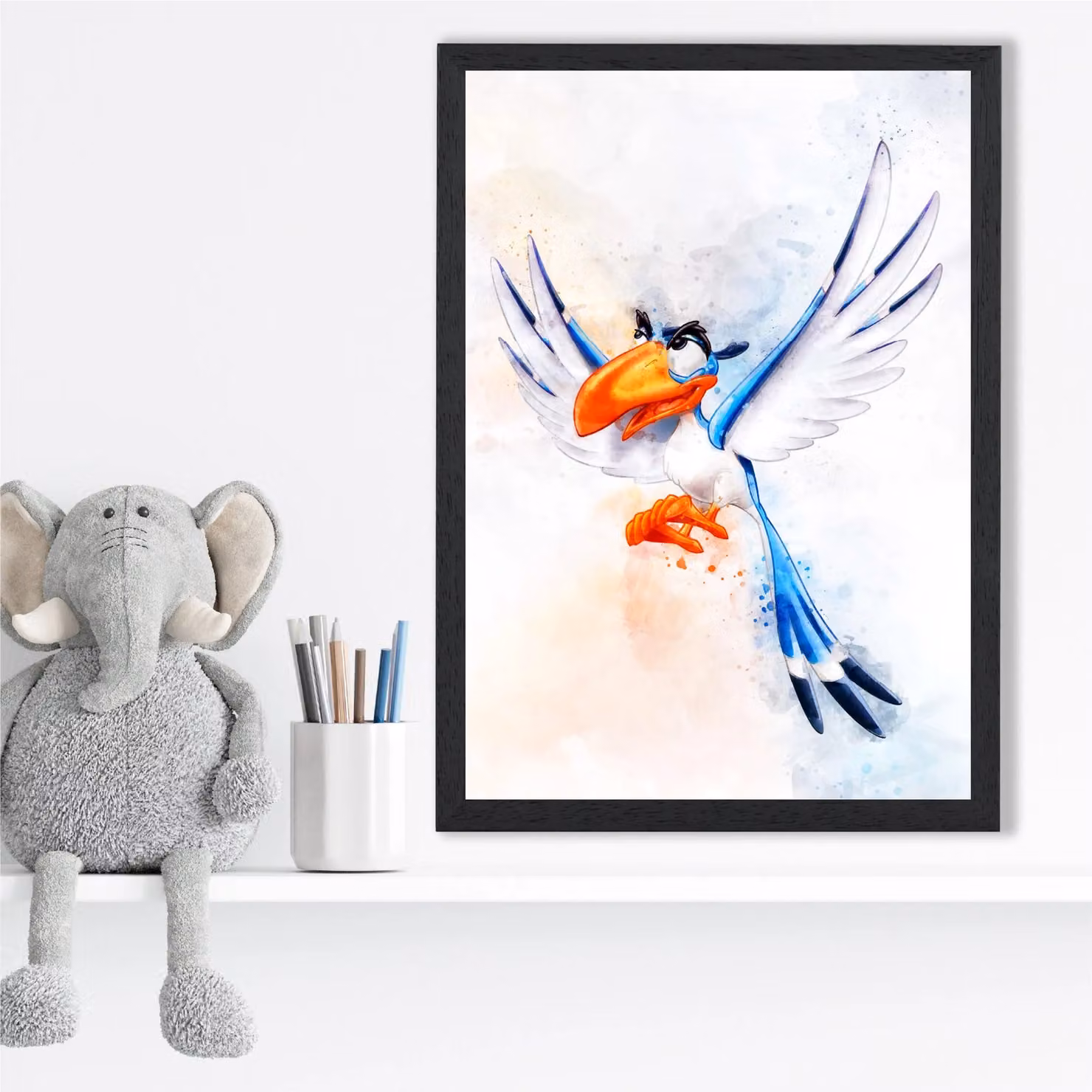 ARTZE Zazu Watercolour Lion King Framed Print in Bright Blue with Black Frame – 2