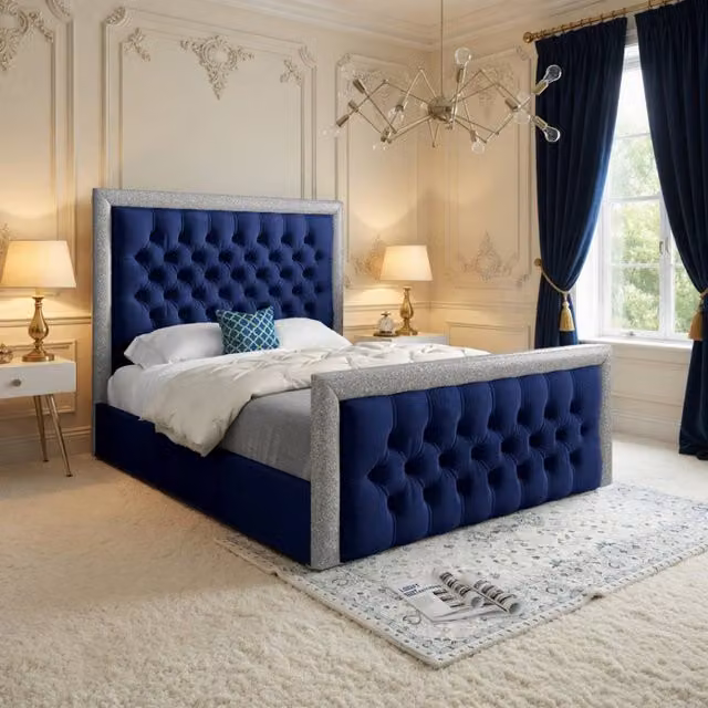 KDMD Wambrook Blue Soft Velvet Upholstered Designer Bed Frame W/D/H: 144 x 137 x 200 cm