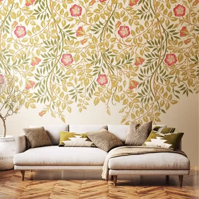 Origin Murals Cascading Rosehip Floral Wall Mural in Pink, Yellow and Multicolour Art Nouveau Style