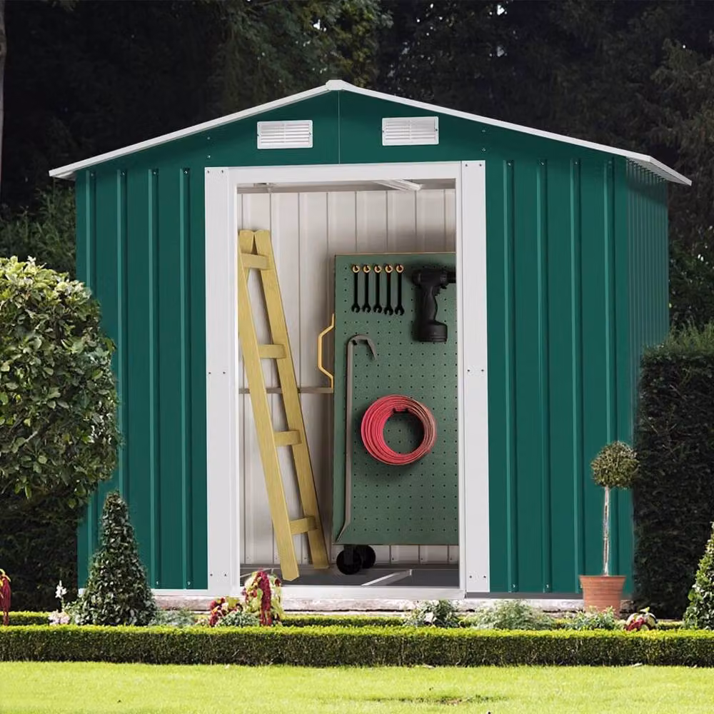 FLAVORA Green Metal Garden Shed with Double Doors and Gable Roof – 5