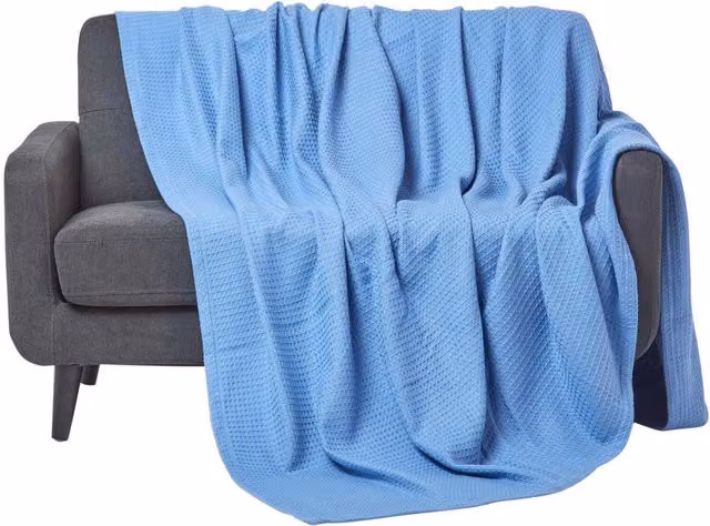 Homescapes Organic Cotton Waffle Pique Summer Blanket, Blue, W/D/H: 230 x 230 x 230 cm