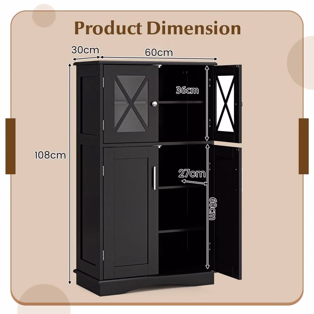 Costway Freestanding Black Bathroom Storage Cabinet with Glass Doors and Internal Shelves – 2