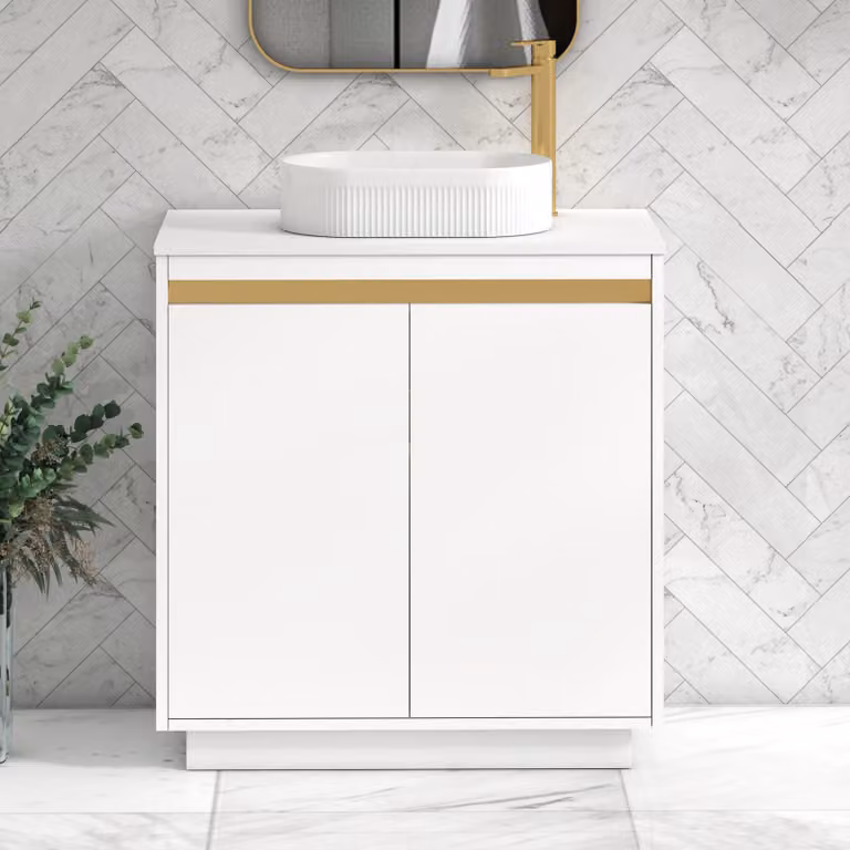 Royal Bathrooms Orion 800mm Matt White Floor Standing 2 Door Vanity Unit with Lyon Basin and Brushed Brass Accent Trim