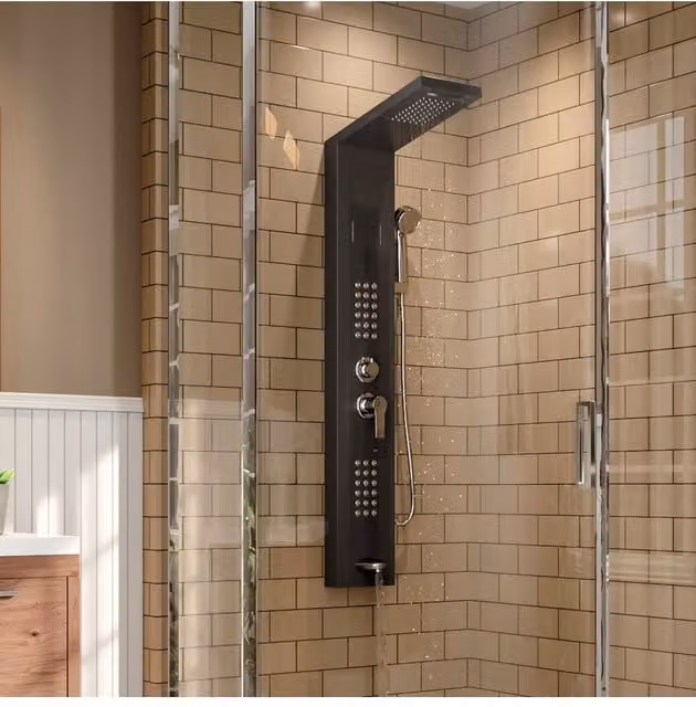 Living and Home Stainless Steel Shower Panel with LED Temperature Display, Hand Shower, Rain and Massage Functions in Matt Black, H: 134.8 cm
