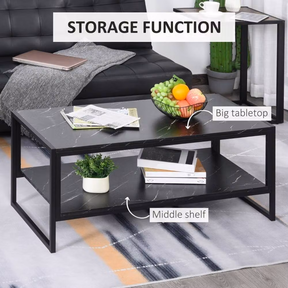 STILVORA Modern Black Rectangular Coffee Table with Two-Tier Storage Shelf and Sled Base – 4