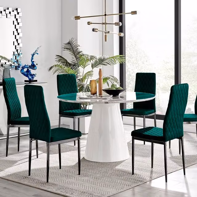 FurnitureboxUK Palma Marble Effect Round Dining Table and 6 Green Velvet Milan Chairs