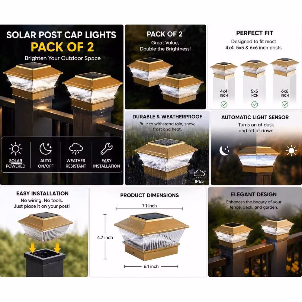 FLAVORA Set of 2 Solar Powered White LED Square Outdoor Post Cap Lights in Gold/Brass – 4