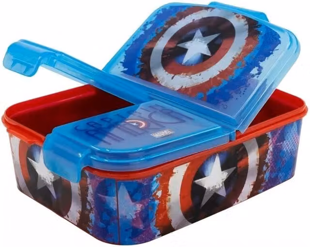 Stor Official Licensed Captain America 3-Compartment Leakproof School Lunch Box in Blue and Multicolour, W/D/H: 16.5 x 16.5 x 16.5 cm