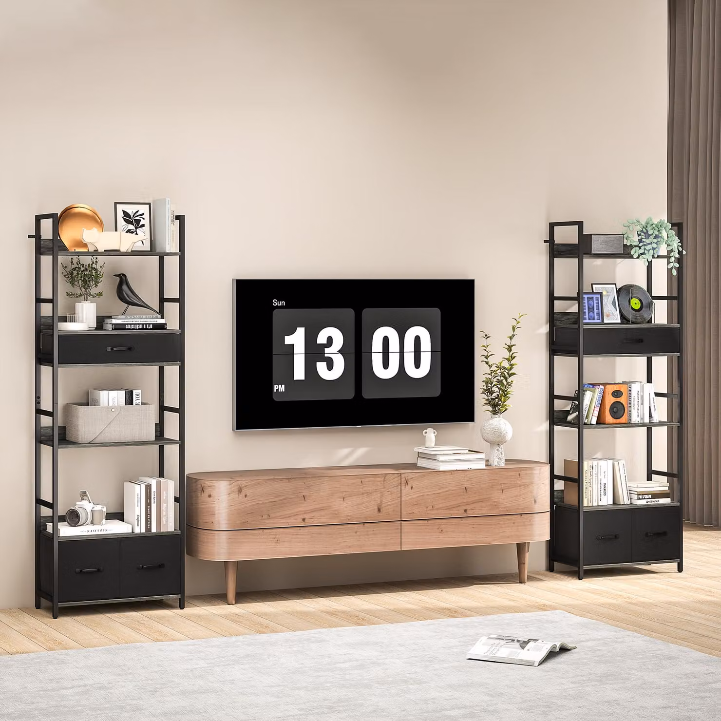 HOMCOM Industrial 6-Tier Tall Bookcase with 3 Fabric Drawers in Grey and Black – 7