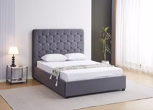Seconique Madison Double Bed in Grey Velvet Fabric with Lift Up Base, W/D/H: 140 x 200 x 137.16 cm