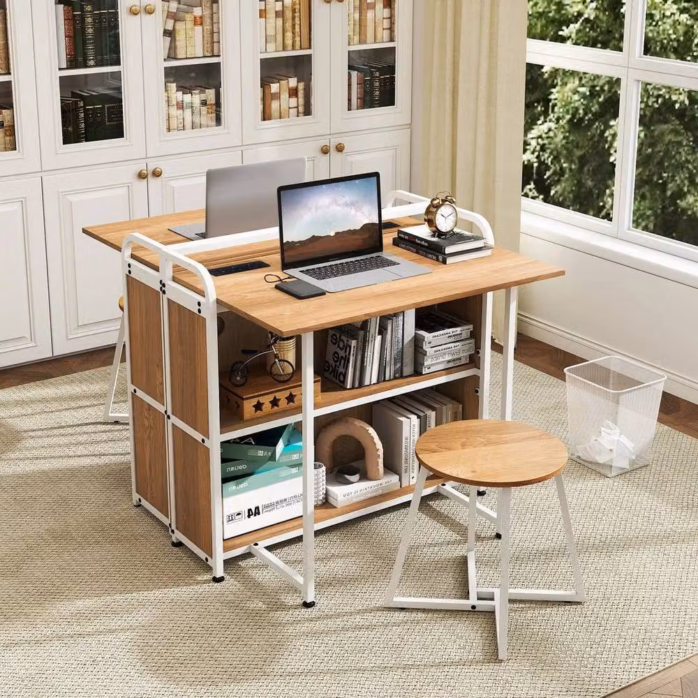 VOGREX Portable Computer Desk and Stool Set with Storage Shelves in Beige and Natural Wood – 5