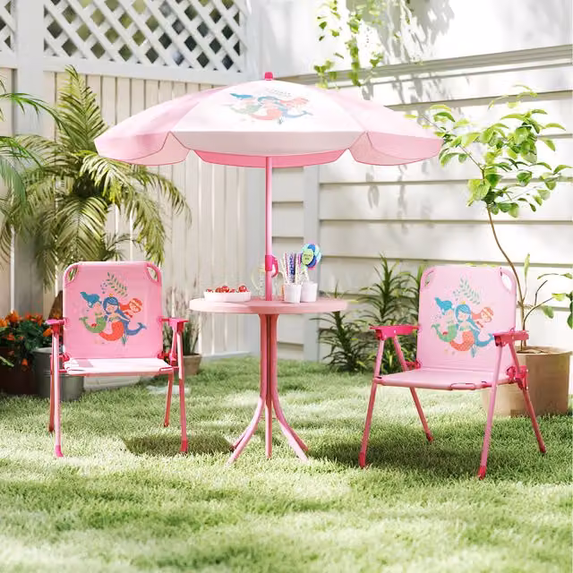Costway Pink Kids Picnic Table and Chair Set with Round Plastic Table and Metal Legs
