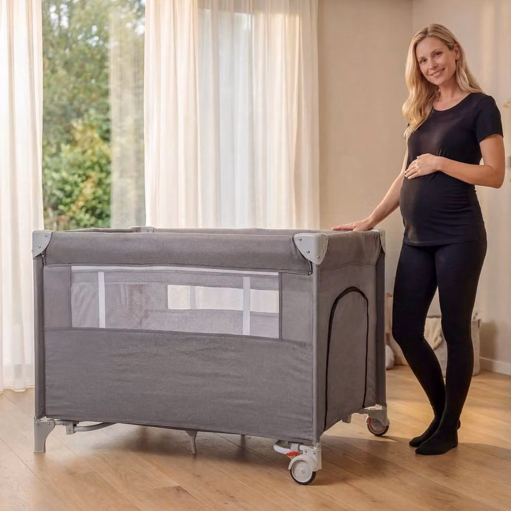FORGEVIO Folding Travel Cot and Playpen with Mattress in Grey, W: 125 cm, D: 66 cm – 3