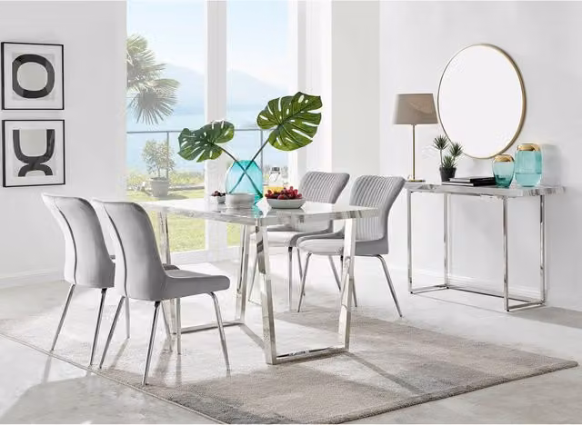 FurnitureboxUK Kylo White Marble Effect Dining Table and 4 Nora Silver Leg Chairs in Light Grey