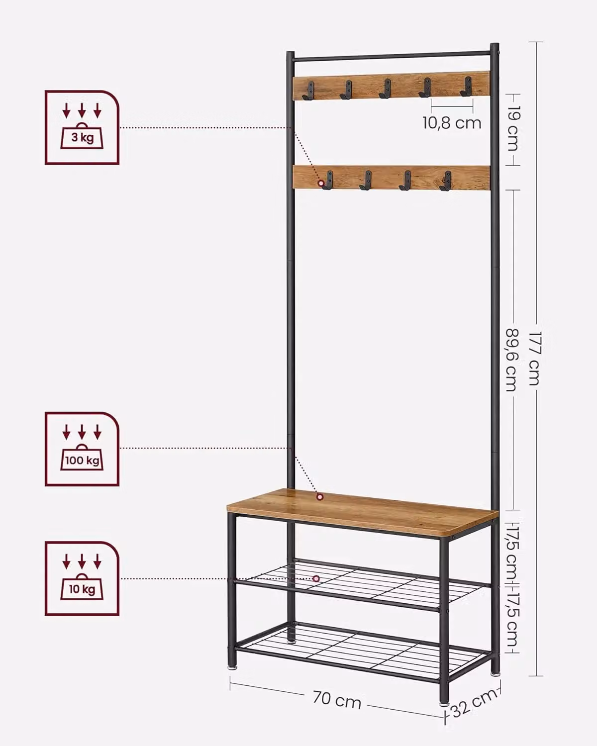 VASAGLE Industrial Hallway Coat Rack with Bench and Shoe Rack, Metal Frame, Brown – 3