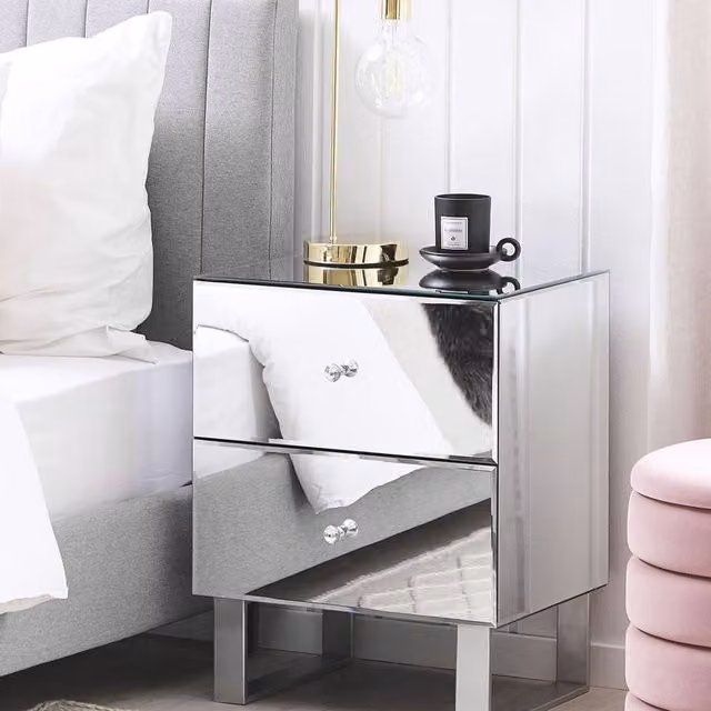 Wyld and Coco 2-Drawer Mirrored Bedside Table in Silver – 1
