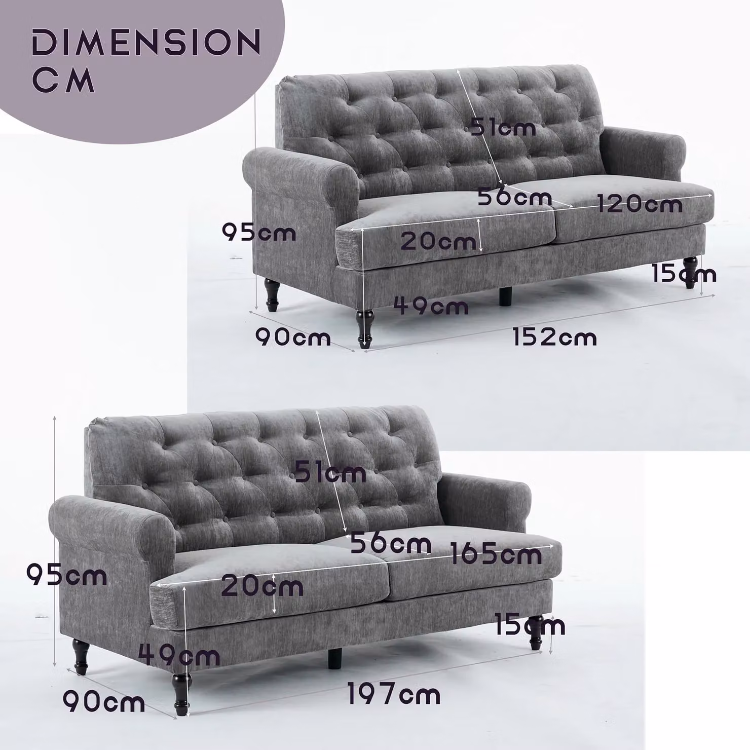 FURNITURE ONE Grey Velvet Tufted Chesterfield Sofa Set with 2-Seater and 3-Seater Sofas – 2