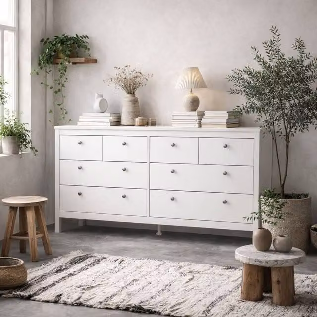 Wyld Haus Gossmere White Wooden Double Dresser with 8 Drawers and Silver Handles – 1