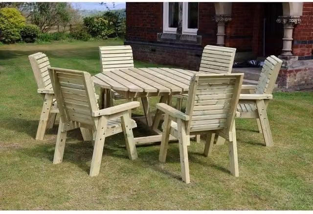 Churnet Valley Garden Furniture Ltd Ergo Round 6 Seater Wooden Table Set in Brown