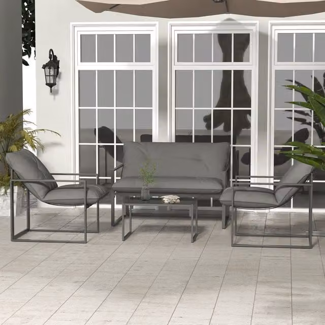 Outsunny Modern Grey Garden Sofa Set with Armchairs, Loveseat and Glass Coffee Table