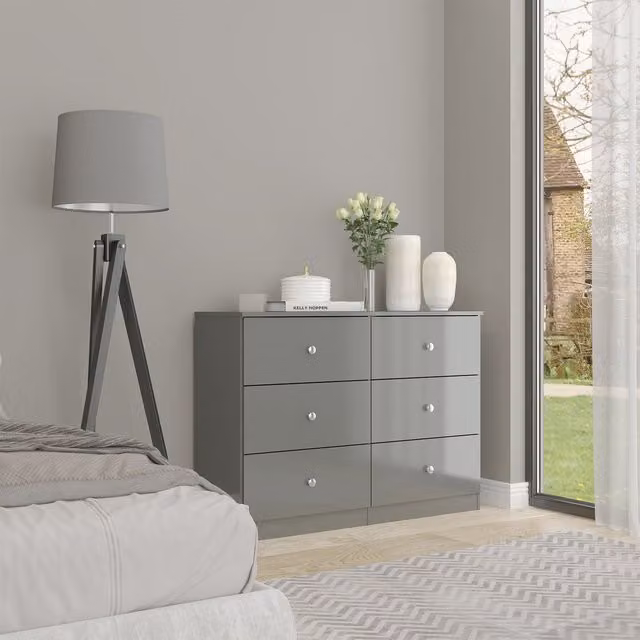Seconique Denver 6 Drawer Glossy Chest in Grey