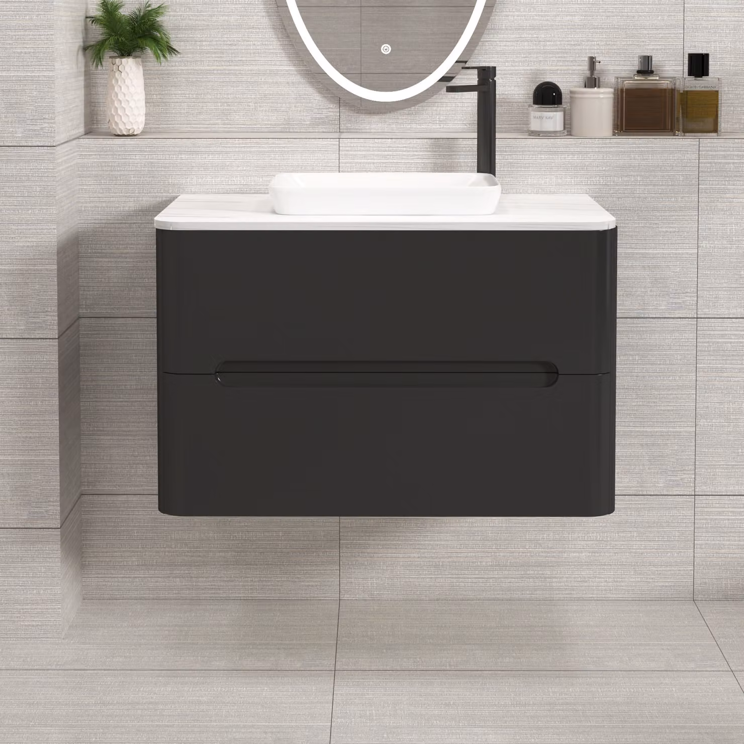 Royal Bathrooms Venice 800mm Matt Nocturne Black Wall Hung 2 Drawer Vanity Unit with Qubix Basin