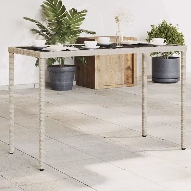 Berkfield Home Garden Table with Glass Top in Light Grey, W/D/H: 115 x 54 x 74 cm