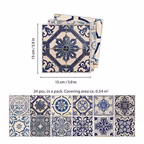 WALPLUS Malaga Spanish Blue Geometric Tile Stickers, 24 pcs, 15 x 15 cm – 4