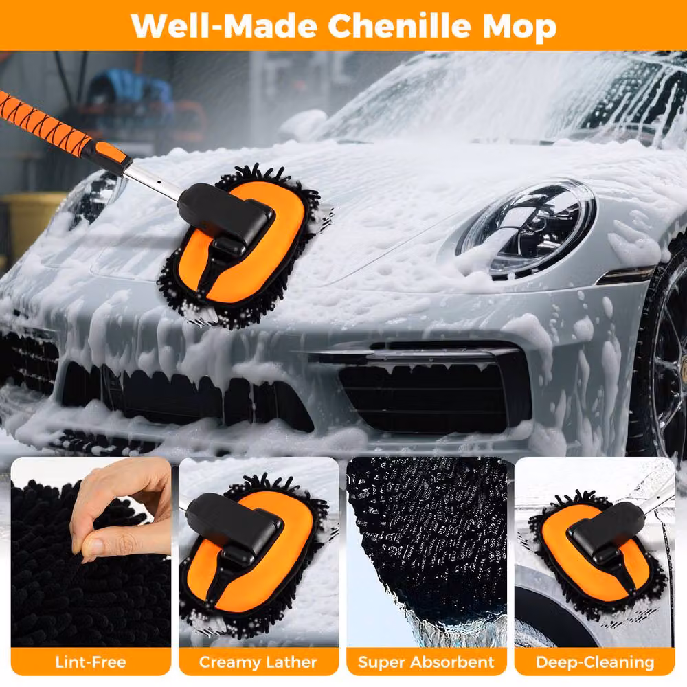 Gymax Orange Car Wash Brush with 132 cm Extendable Handle and Scratch-Free Mop Kit – 4