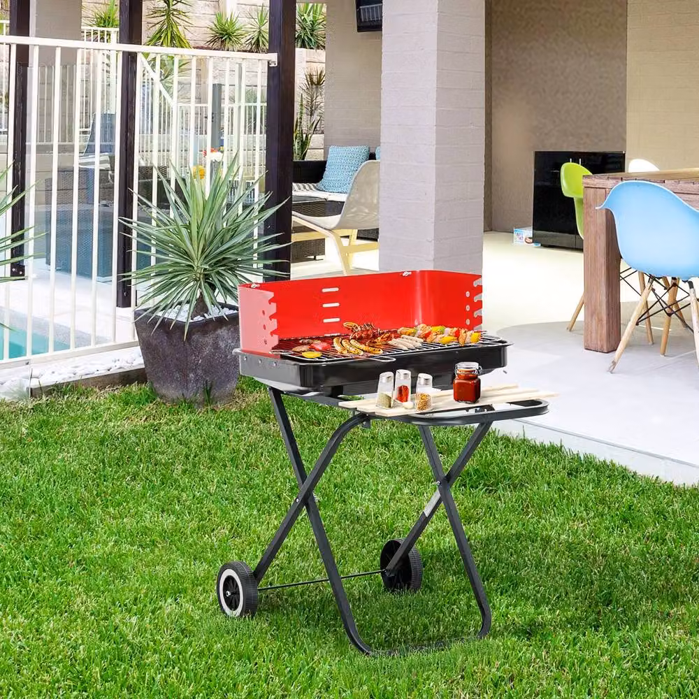 Rolipo Charcoal Trolley BBQ Grill with Side Trays in Black and Red – 4