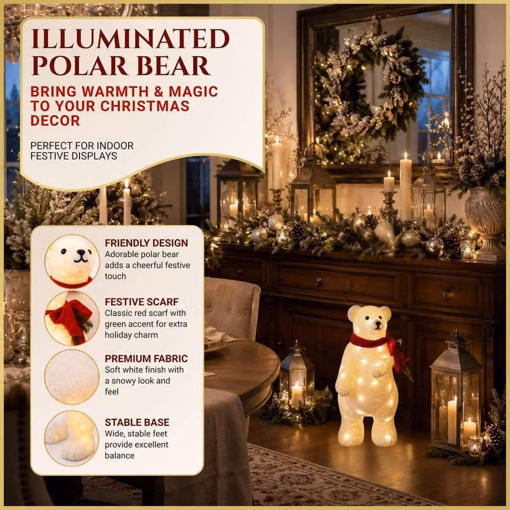 Shatchi Battery Operated Warm White LED Polar Bear Christmas Decoration in White and Red, Height: 40 cm – 5