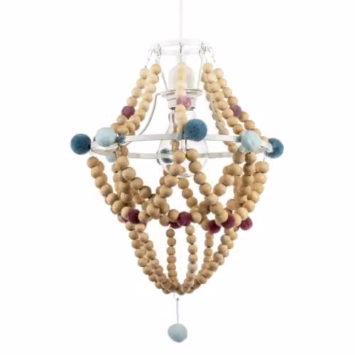 Happy Homewares Boho Wooden Beaded Chandelier Style Pendant Light Shade with Multicolour Pom Poms, W: 25 cm, H: 27 cm