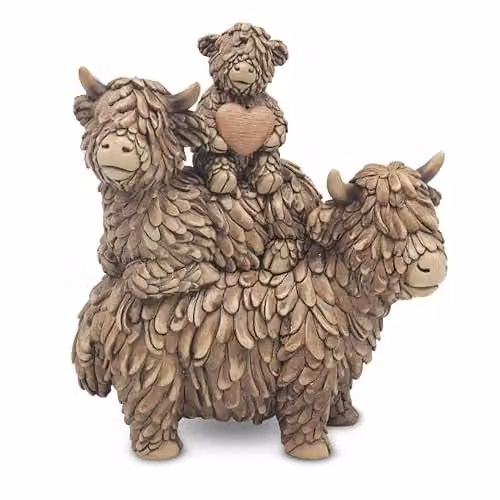 Garden Greatness Hughie Highland Cow Family Ornament, Brown and Multicolour Tabletop Decor