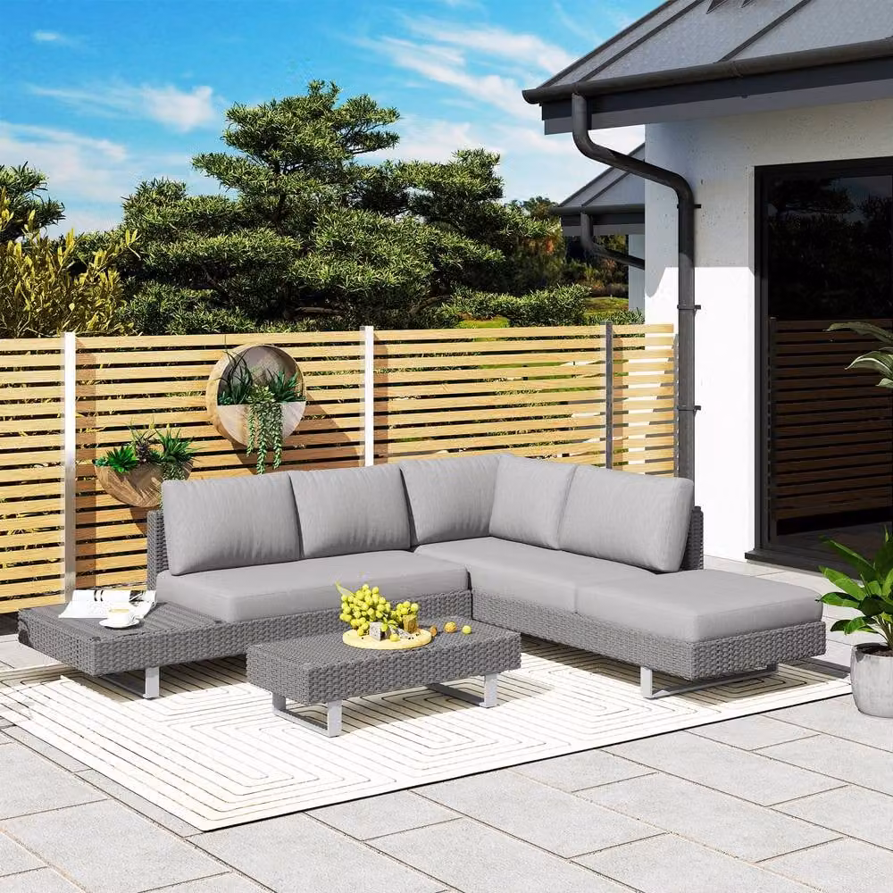ERGOVEXA Three-Piece L-Shape Rattan Garden Sofa Set with Cushions in Grey – 4