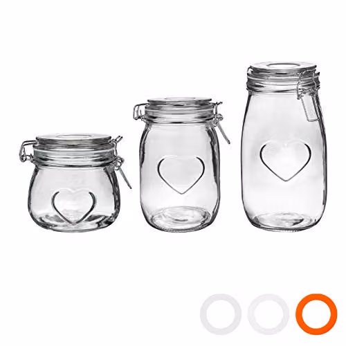 Nicola Spring Heart Design Transparent Glass Airtight Food Storage Jars with Clip Fasten, Set of 3 – 1