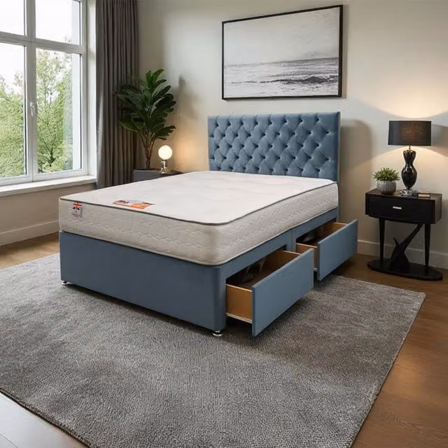 Knight Sleep Athens Plush Bed Set with Mattress and 24 inch Headboard in Blue, Superking, W/D/H: 200 x 200 cm
