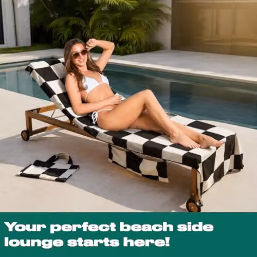 OHS Black and White Checked Microfibre Beach Towel with Bag, Quick-Drying and Absorbent, W: 75 cm, L: 215 cm – 5