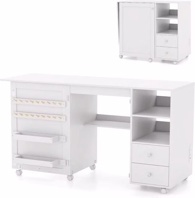 Costway Folding Sewing Table with Charging Station and Sewing Machine Cart, White